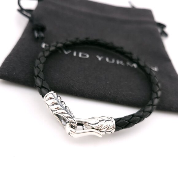 David Yurman Sterling Silver Chevron Black Leather Woven Knot Bracelet 8.5 Inch - Picture 1 of 11